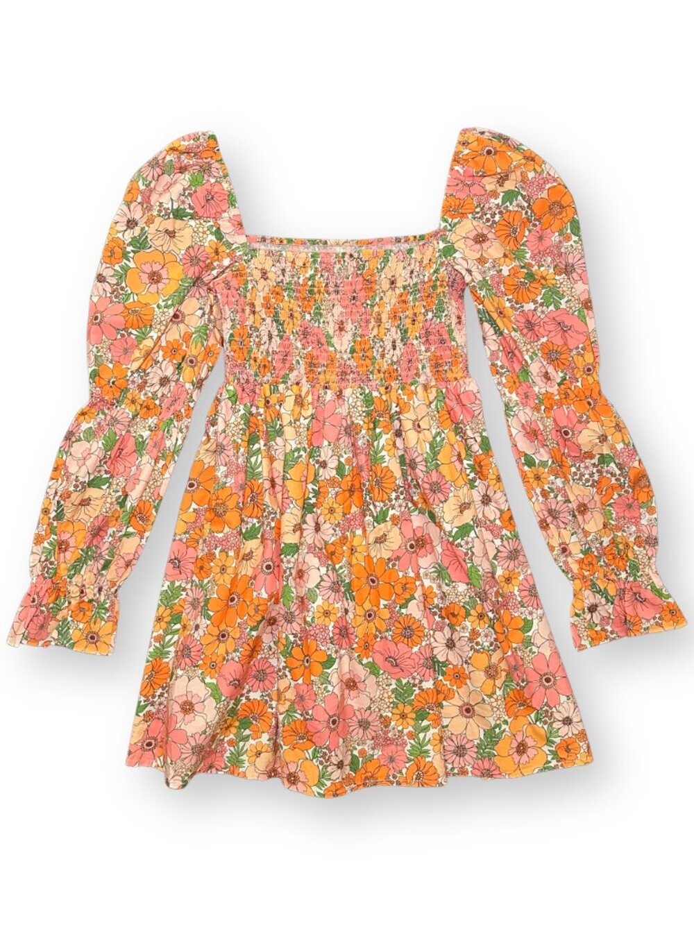 Gianni Bini Floral Smocked Long Sleeve Mini Dress Size Small 100% Cotton